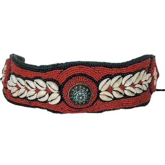 Vintage Ladakh Statement Belt Red Coral Seed Bead Turquoise Brass Cowry Shell - Picture 3 of 12